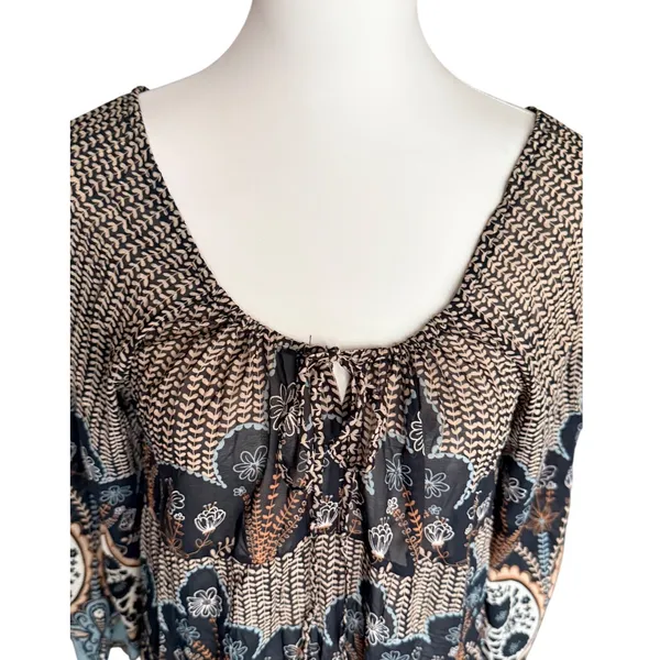 Boho Mixed Paisley Floral Print Ruffle Hem Tunic Top Black Blue Tan Tie Neck‎ - Image 4