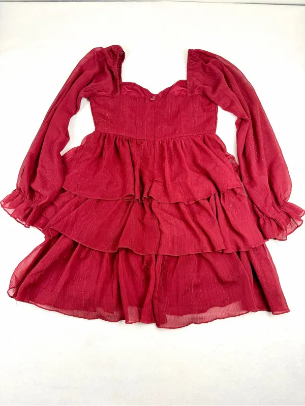 Bohme Tiered Ruffle Mini Dress Red Shimmer Cottagecore‎ Boho Small - Image 2