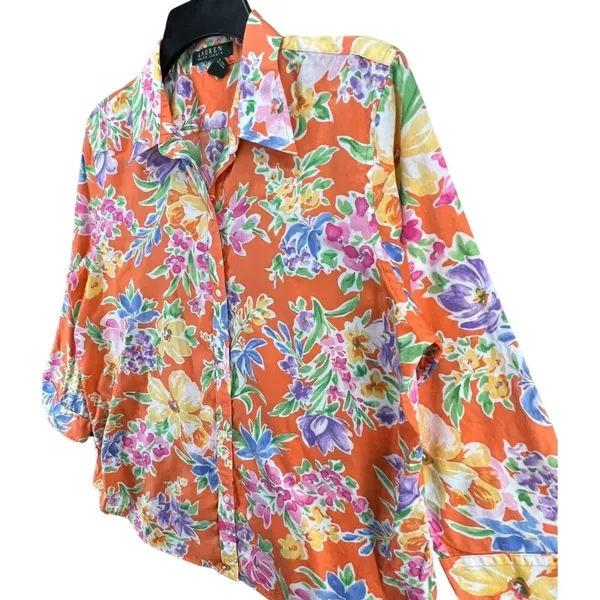 Lauren Ralph Lauren Shirt Womens L Orange Floral Cotton Button Front 3/4 Sleeve - Image 3