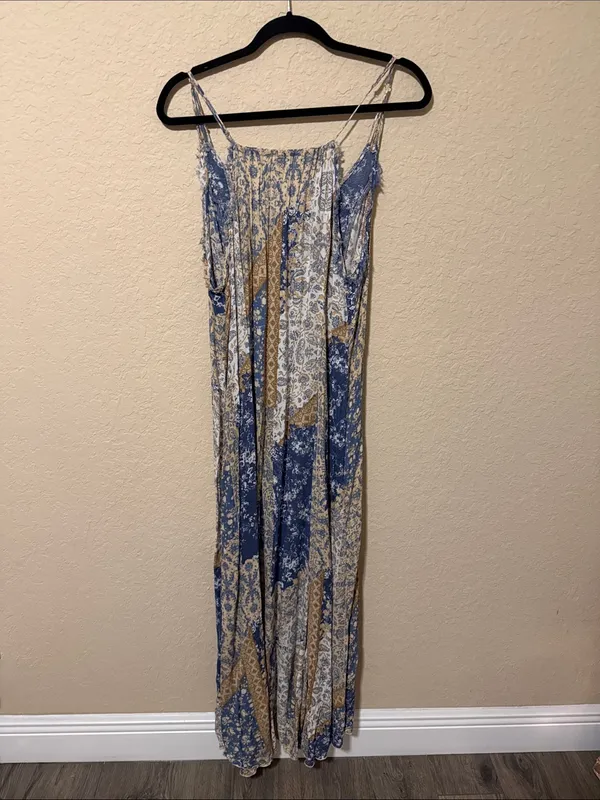 Free People Blue and Tan Printed Maxi Dress xl - Image 3