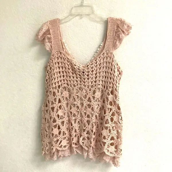 Baby pink BoHo fairycore‎ coquette crochet floral lace tank sweater women’s L￼ - Image 7
