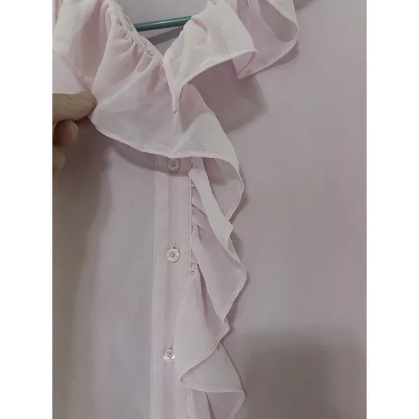 Talbots Women’s Large Pink Ruffle Blouse Button Down Sheer Sleeves Career Party - Image 4