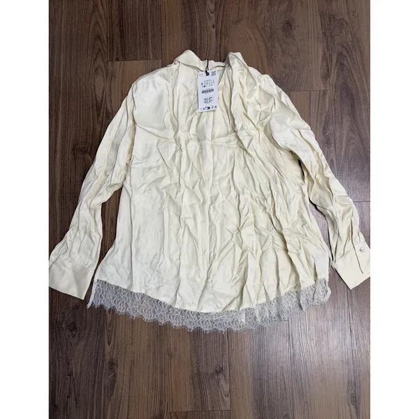 Zara Ecru Satin Long Sleeve Button Lace Top 90s Ethereal Coquette Romantic Fairy - Image 5