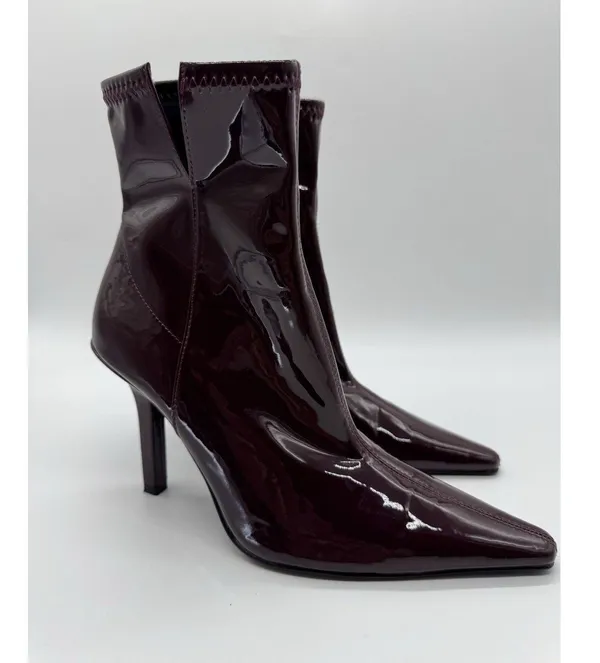 Zara Patent Leather High Heel BURGUNDY Boots Womens 36 - Image 3