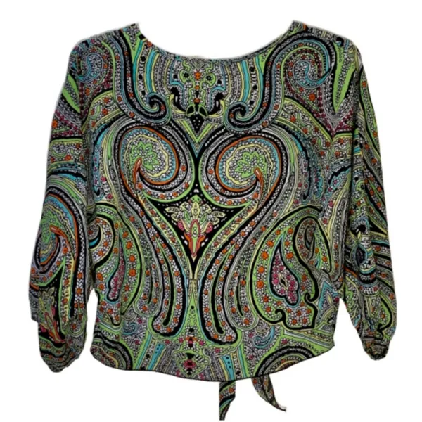 Cha Cha Vente Blouse Top Multi Color Paisley Tie Front Waist Top Size Medium - Image 2