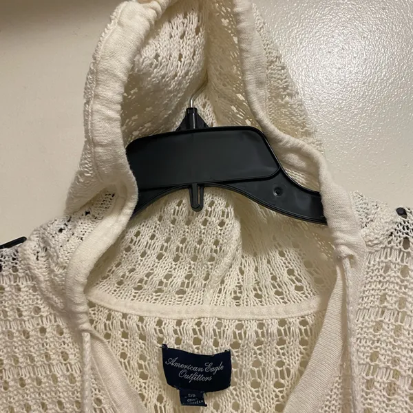 American Eagle Womens Hooded Crochet Knit Sweater S Ivory Cream Short Sleeve - Image 3