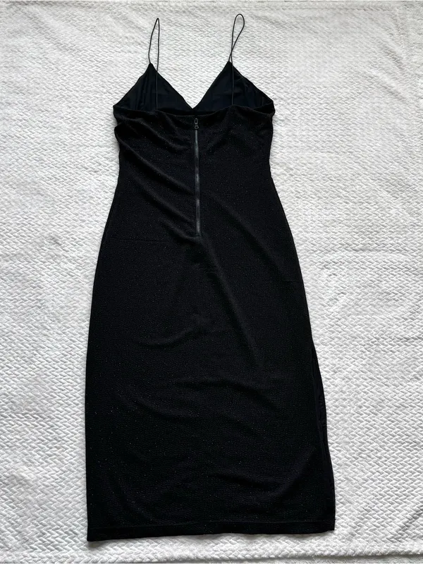 Alice + Olivia Stila Midi Dress 8 Black LBD Side Slit Sparkle Minimalist Party - Image 11