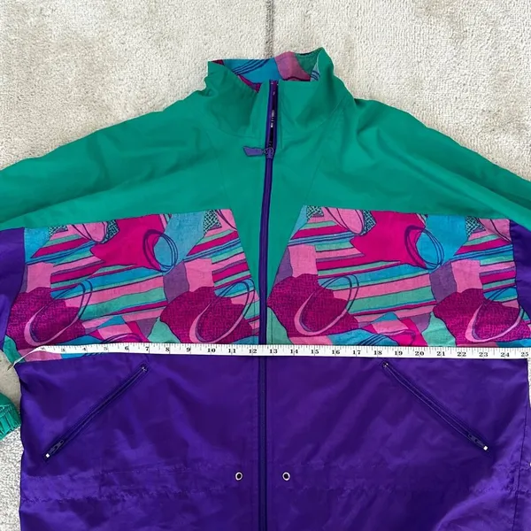 Vinatge 90s Reebok Windbreaker Cinch Waist Full Zip Green/Purple Abstract Design - Image 7