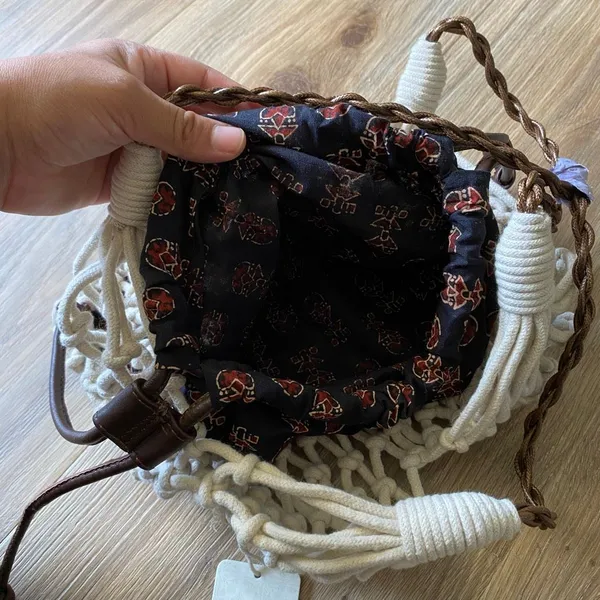 Free People Ivory Macrame Crochet Bucket Bag Boho Drawstring Tote NWT - Image 4