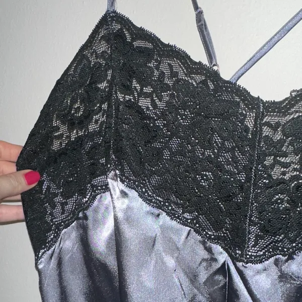 Woman Within Black Lace and Gray Satin Chemise - Image 8