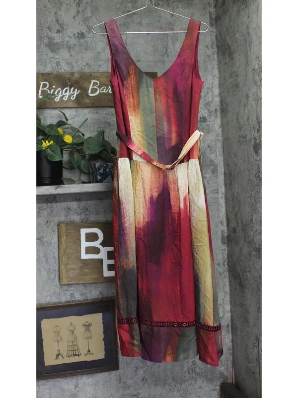 NWT DKNY Abstract Midi V-Neck Belted Dress P5EBTBEK Brush Stroke Brown Multi 6 - Image 6