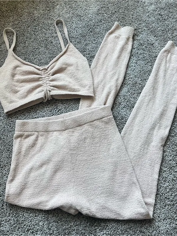 Tic Toc Ruched Knit Two-Piece Loungewear Set in Light Beige - Image 3