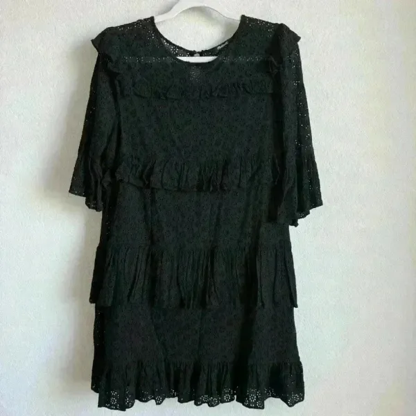 Madewell Women’s Black‎ Eyelet Waterlily Tiered Ruffle Boho Mini Dress Size 10 - Image 10