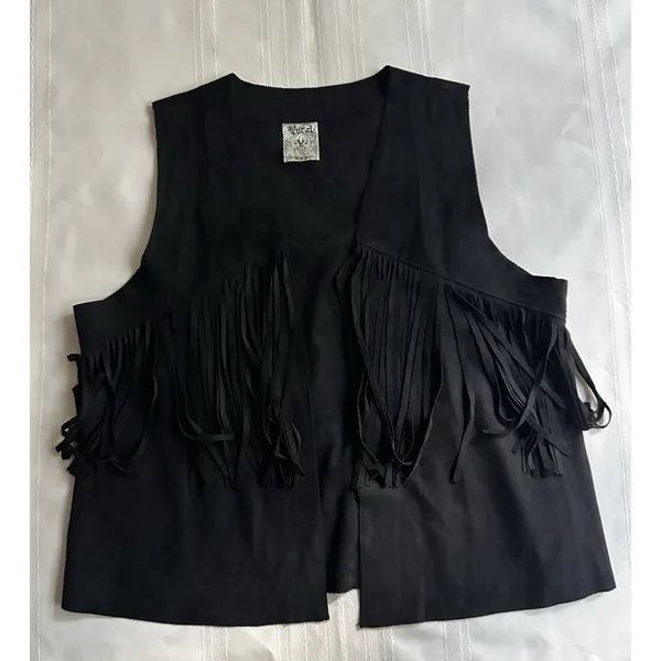 Vocal Women’s Black Sleeveless Fringe Rhinestone Skull Open Front Vest SZ XL EUC - Image 5