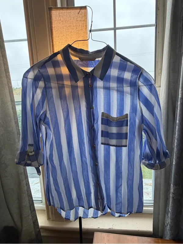 Soft Surroundings Light Blue and White Vertical Stripe Button-Down Shirt - Image 6