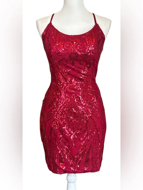 Pomuyoo rury Red Sequin Mini Dress with Spaghetti Straps Size 8 - Image 4
