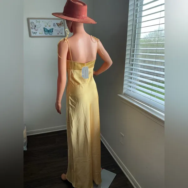 Commense Satin Maxi Dress Gold Cutout Tie Strap Size S - Image 4