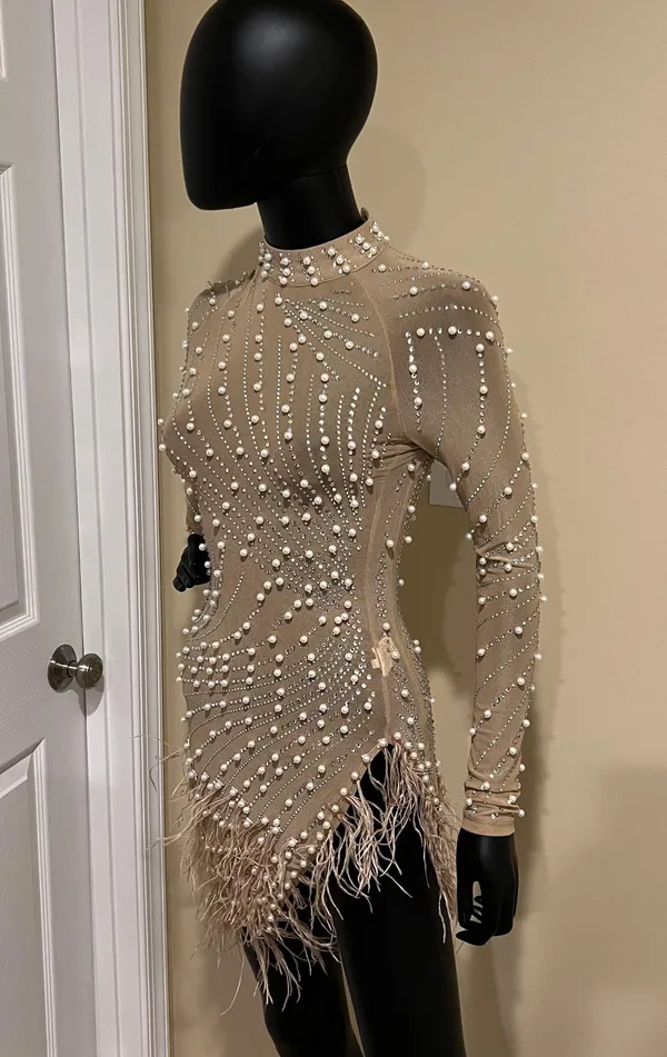 Rhinestones mini dress long sleeve pearl dress mock neck dress fringe feathers dress Sequin Dress - Image 6