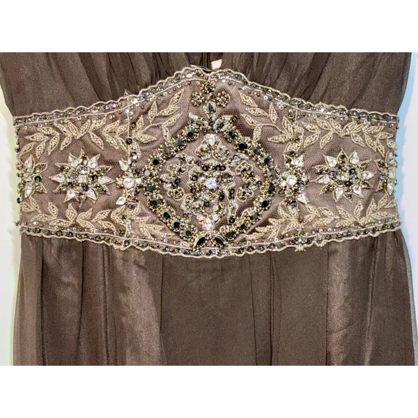 NWT Mandalay Brown Silk Beaded Embellished Maxi Long Gown Evening Dress Size 4 - Image 3