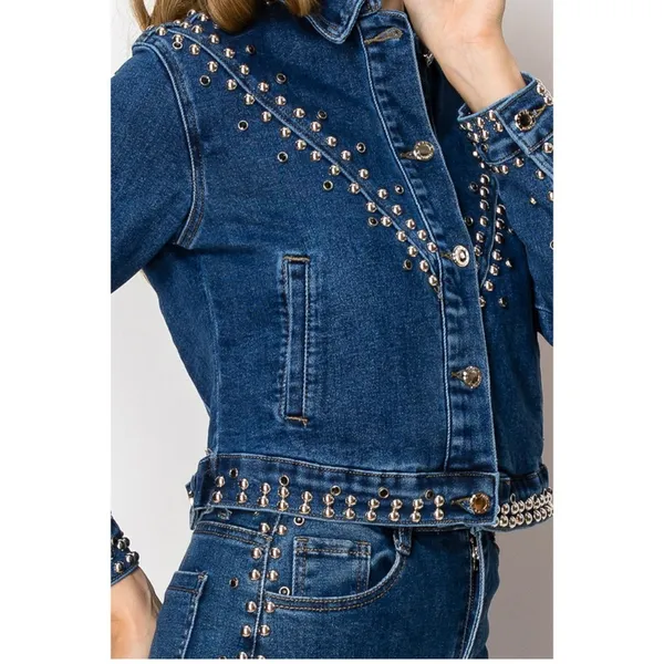 Studded Blue Denim Jacket and Jeans Set Size L - Image 2