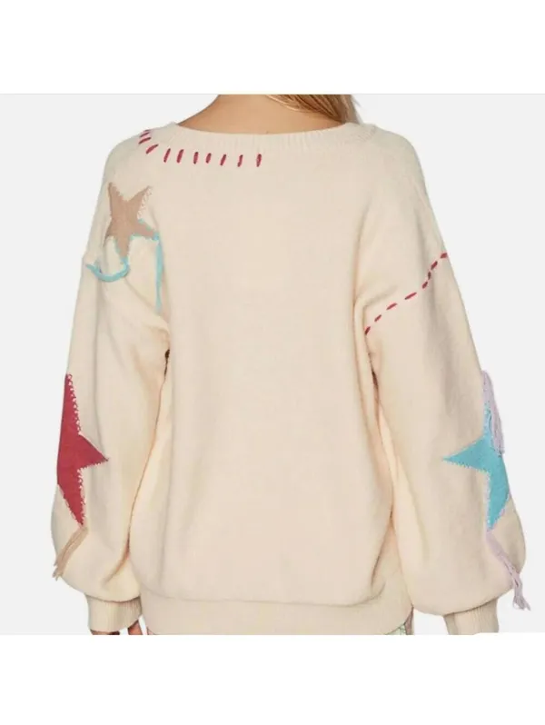 POL Patchwork Star Sweater - Beige V Neck Thick Knit Size Medium - Image 3