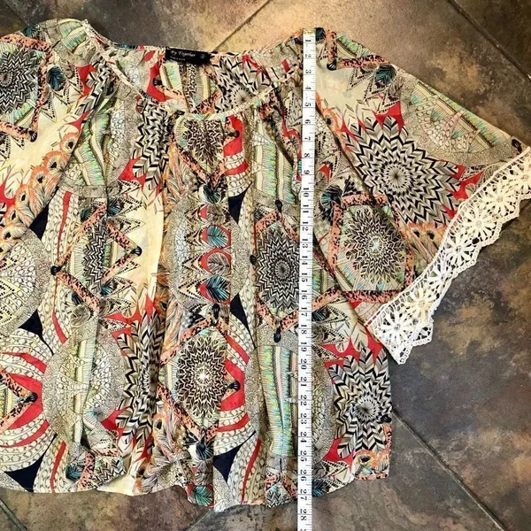 By Together Sheer Pull On Multicolor Blouse Lace Sleeve Trim Size Large - Image 3
