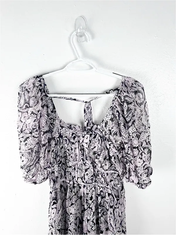 ANTHROPOLOGIE Black Squareneck Sheer Puff Sleeves Smocked Back Tie Midi Dress XS - Image 10