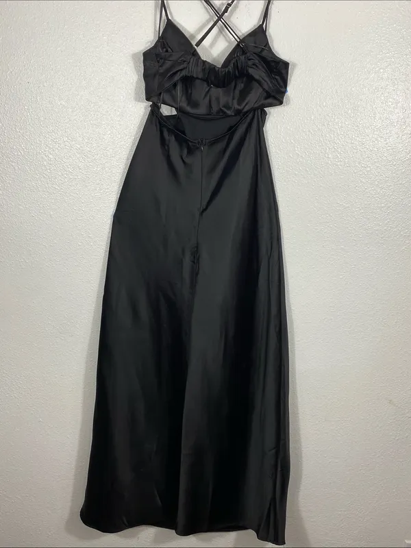 Hello Molly Black Satin Spaghetti-Strap Cutout Maxi Dress with Silver Trim SZ 4 - Image 8