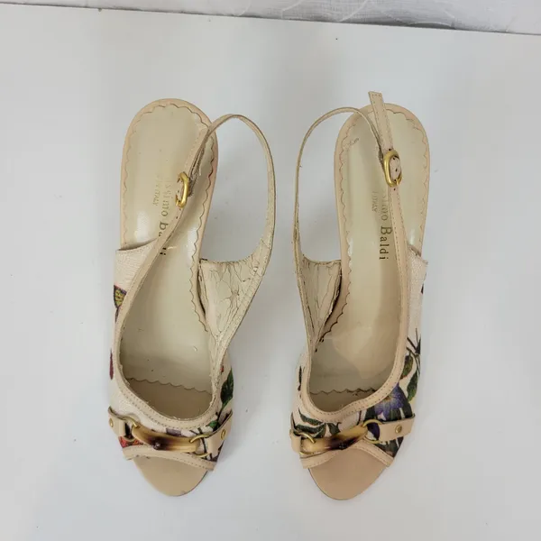 Massimo Baldi Womens Sandals Size 6.5 Cream Floral Open Toe Slingback Heels - Image 10