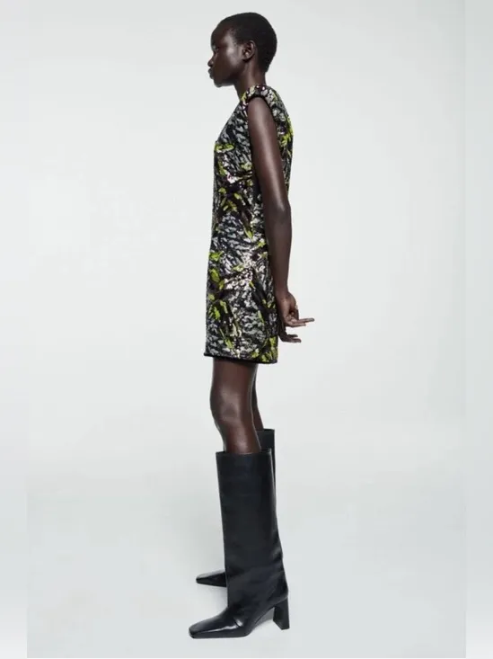 Zara‎ Women's Sleeveless Sequined V Neck Shoulder Pad Mini Dress Size Small - Image 3