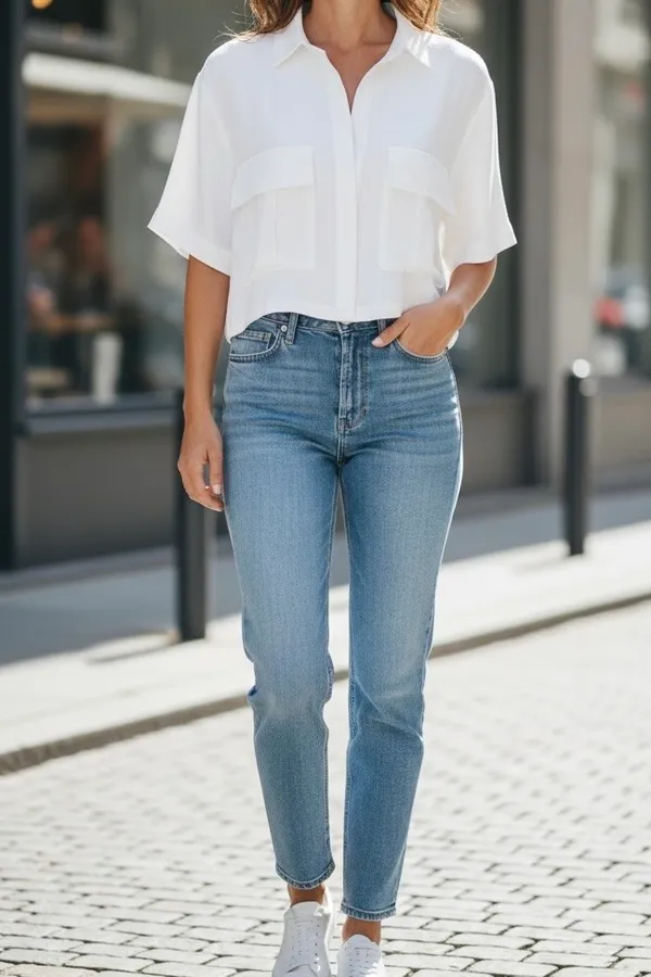 H&M Divided White Short Sleeve Button-Front Utility Crop Shirt - Image 2