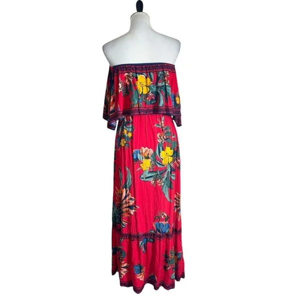 Flying Tomato Tropical Print Off The Shoulder Red Maxi Dress Womens XS Flowy Beach Vacation - Image 7