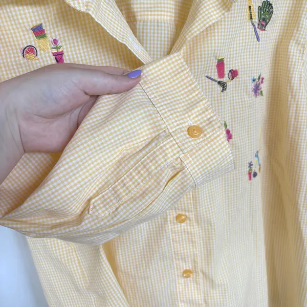 Vintage Butter Yellow Garden Top Floral Grandma Button Down 3/4 Sleeve Blouse XL - Image 7