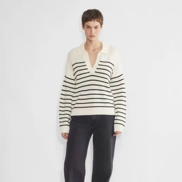Aritzia Wilfred Clara Merino Wool Polo‎ Sweater Cream Stripe Size Medium - Image 8
