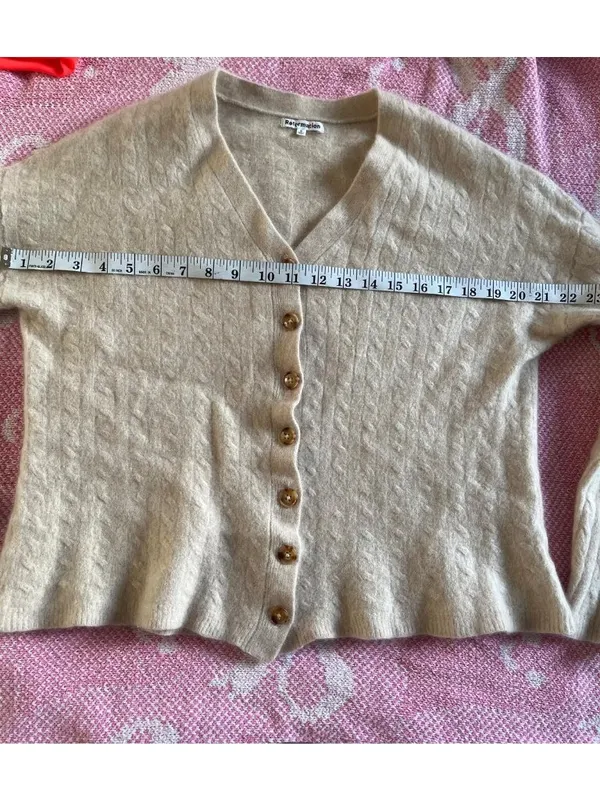 Reformation Recycle Cashmere Cardigan Women Size S, V Neck Beige Cable Cropped - Image 7