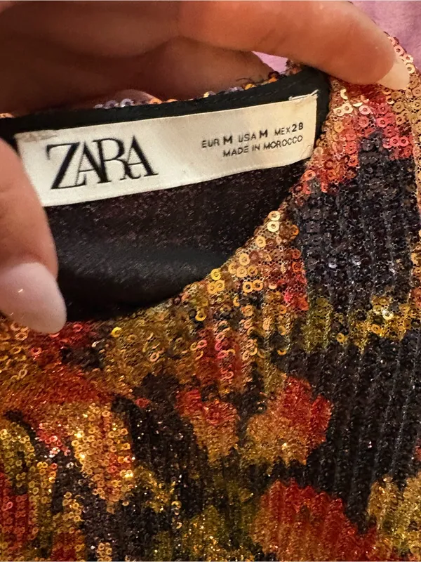 Zara Multicolor Sequin Floral Dress with Black Waist Tie - Image 2