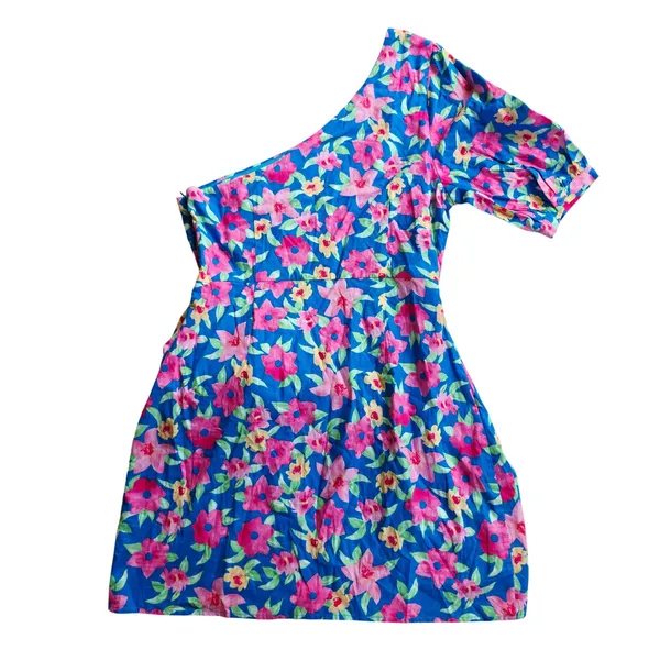 Lulus NWT One Shoulder Floral Mini Dress Blue Pink Yellow EDX1158 Large - Image 4