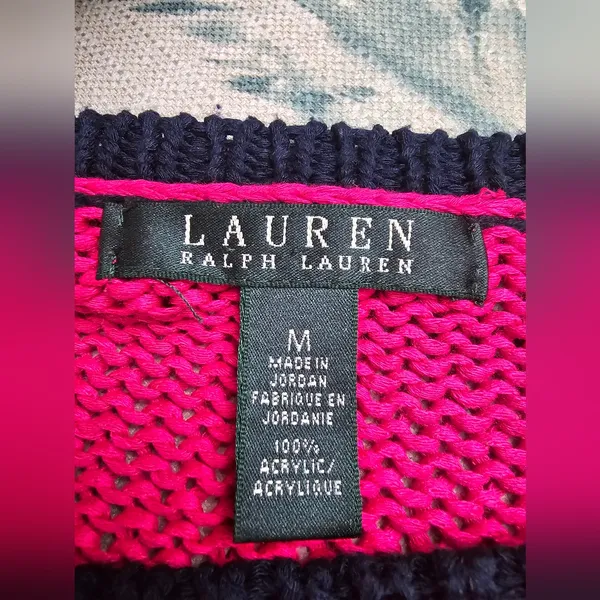 Lauren Ralph Lauren Pink & Navy Striped Button Shoulder Sweater – Size M - Image 5