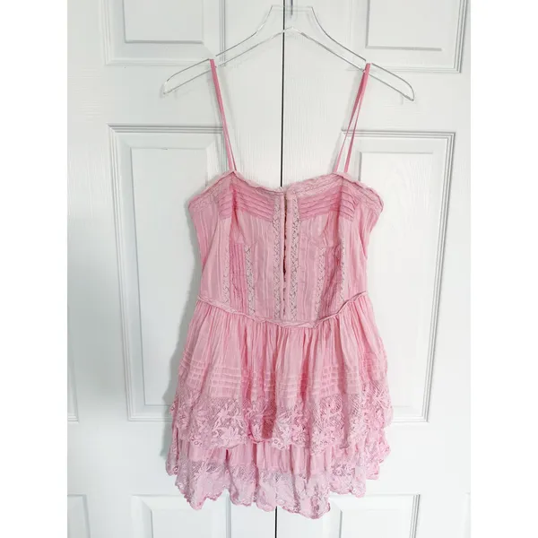LoveShackFancy Nerida Mini Corset Tiered Dress Cherry Pink Lace Coquette - Image 4