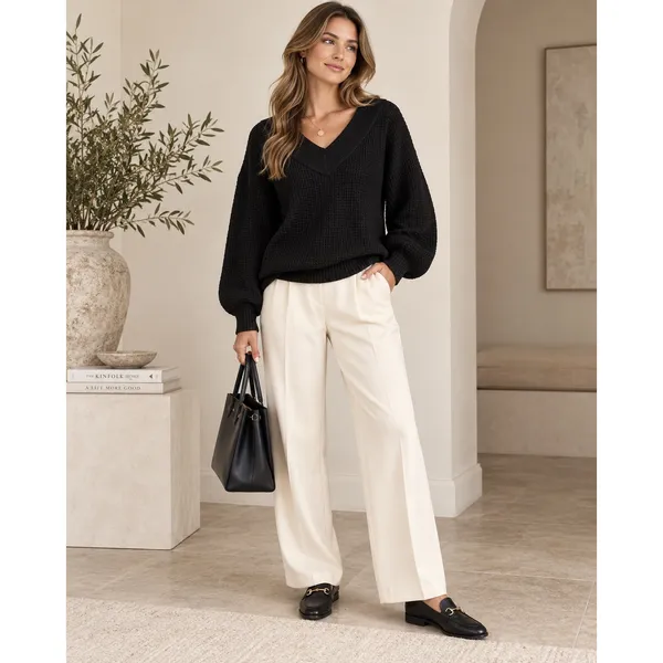Zenana Black Waffle Knit V-Neck Balloon Sleeve Sweater TW-3418AB Medium - Image 2