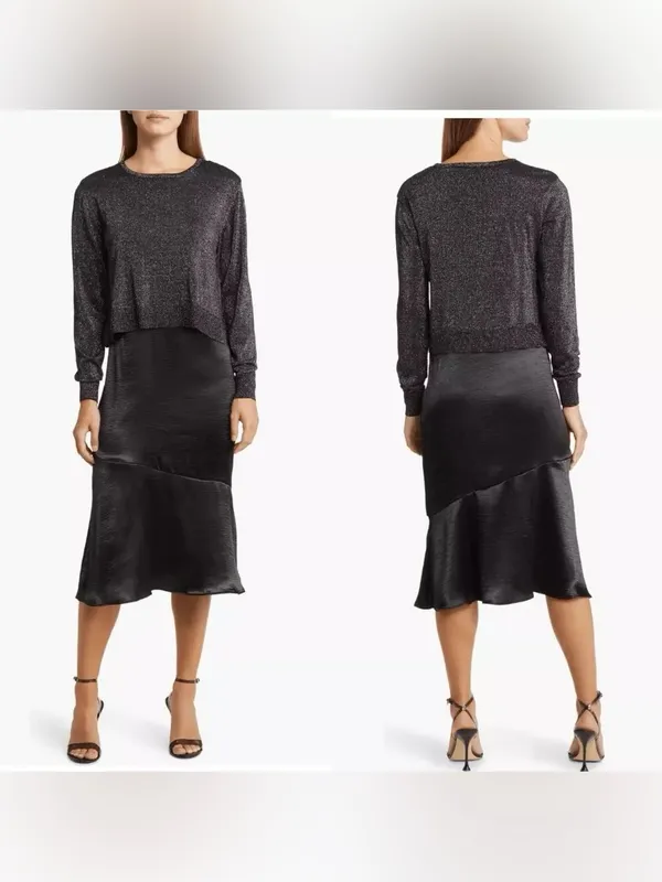 Sam Edelman Satin Slipdress Metallic Sparkle Boat Neck Sweater Black 14 - Image 2