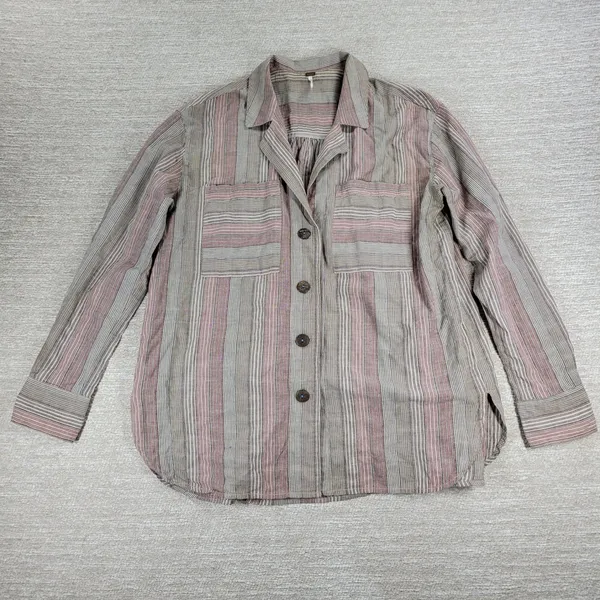 Free People High Tide Shirt XS Tan Pink Womens Striped Oversized Button Up Boho - Image 9
