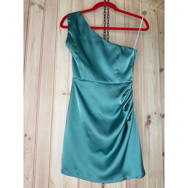 NWT Lulus Love Me Tonight Sage Green Satin One-Shoulder Mini Dress Party Sz XS - Image 2