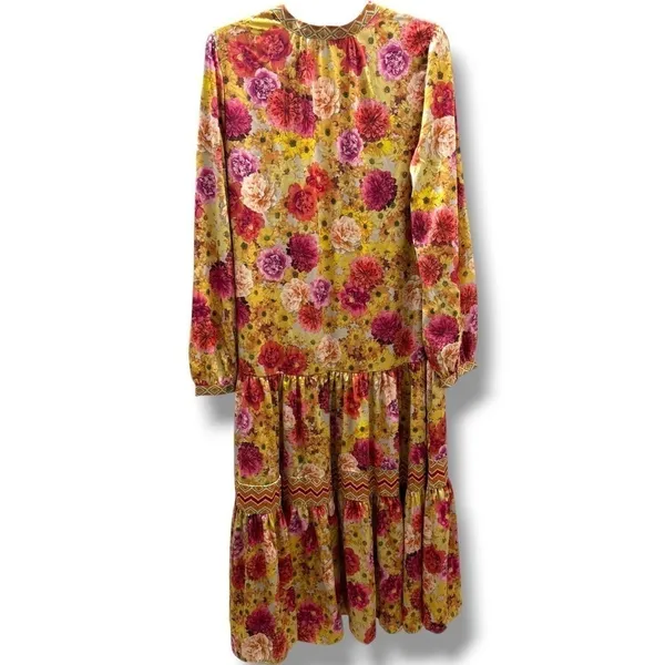Current Air Los Angeles Floral Tiered Midi Dress Yellow Pink V-Neck Size‎ L - Image 4