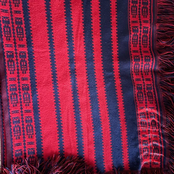 Vintage Red Navy Tribal Stripe Knit Blanket Poncho Fringe OS Western Cowgirl - Image 8