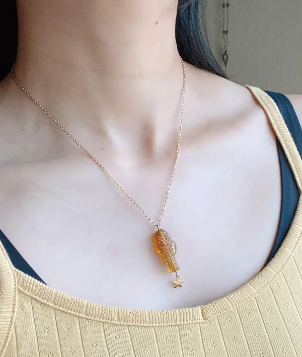 Handmade quality Czech glass amber fish & star boho funky fairy necklace🌀🐟💚 - Image 6