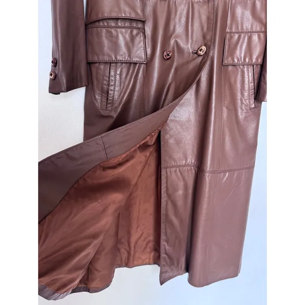 1970s The Tannery For Montgomery Ward Brown Leather Trench Coat M Long Coat - Image 6