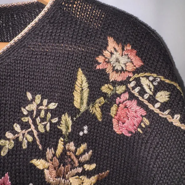 Tiara International Vintage Floral Embroidered Beaded Cardigan Black XL Grandma - Image 3