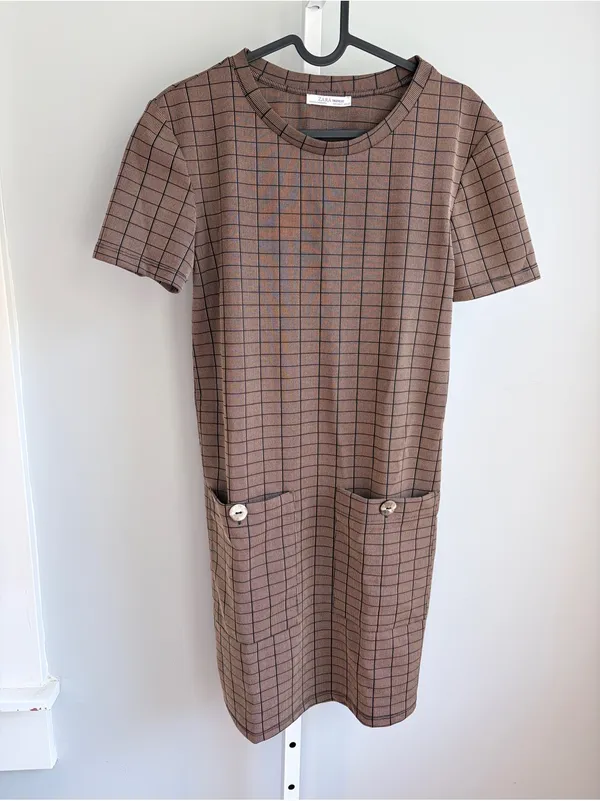 Zara Brown Plaid Short-Sleeve Shift Dress - Image 3