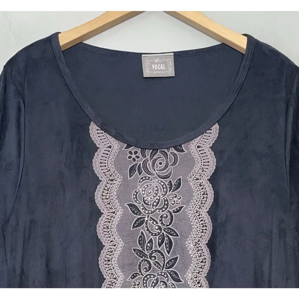 Vocal Tunic Top Size XL Gray Faux Suede Fringed Silver Studded Whimsigoth Punk - Image 4